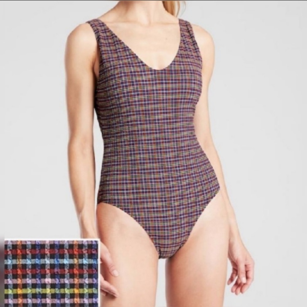 Athleta Seersucker V-Neck One Piece Swimsuit Multi